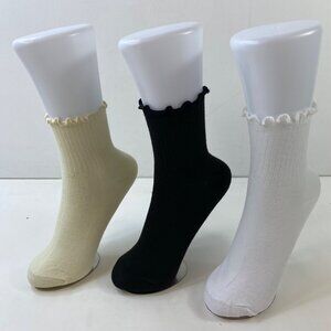 Womens Crew Socks Set 3 Ruffled Edge Solid Ribbed Texture Cream Black White